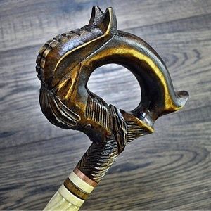 Walking Stick Cane Reed Stick Wooden Handmade Carving Horse White